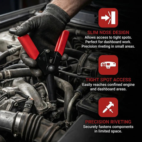 41 Piece Car Rivet Gun Kit With 1 Hand Riveter And 40 Nylon Blind Rivets being used on car engine by mechanic glove