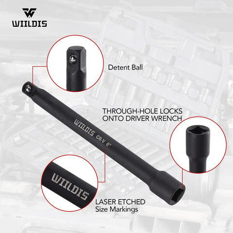Three Eighths Inch Drive Impact Socket Set extension bar with detent ball, through-hole lock, and etched markings, CrV steel.