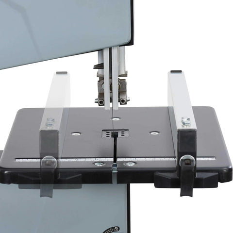 Badass Heavy Duty Steel Benchtop Band Saw With 2.2 Amp Motor rips through lumber, showing blade and table setup.