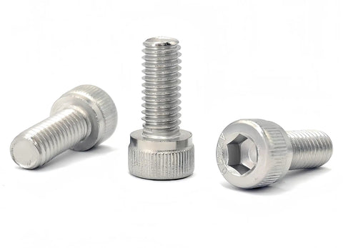 Top Shelf M6 X 14mm Socket Head Cap Screws Stainless Steel 18-8 304 Allen Drive Full Thread Fasteners 50 Pack With Hex Spanner Wrench showing three bolts.