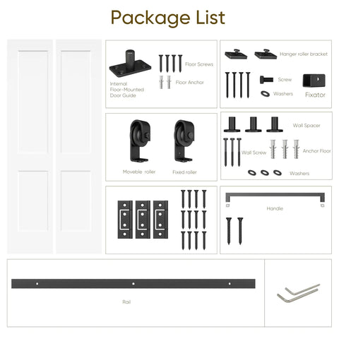 Top Shelf Two Panel Bifold Barn Door In Crisp White Primer Coating Measuring 36 By 84 Inches accessory package list components.