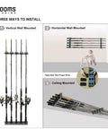Garage Wall Mount Fishing Rod Holder Holds Up To 10 Rods With Vertical Horizontal And Ceiling Mount Options Black WV4 Durable Patented Design For Easy No Fuss Garage Organization And Quick Access For Serious Anglers.