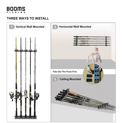 Garage Wall Mount Fishing Rod Holder Holds Up To 10 Rods With Vertical Horizontal And Ceiling Mount Options Black WV4 Durable Patented Design For Easy No Fuss Garage Organization And Quick Access For Serious Anglers.