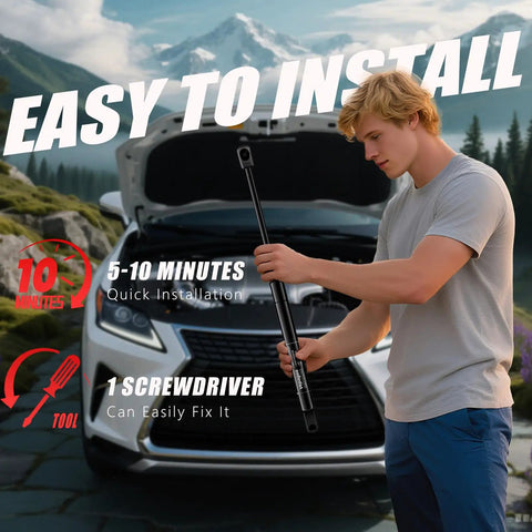 Man holding Beefed Up Front Hood Struts For 2010 2015 Lexus RX350 RX450H near car, showcasing easy installation.