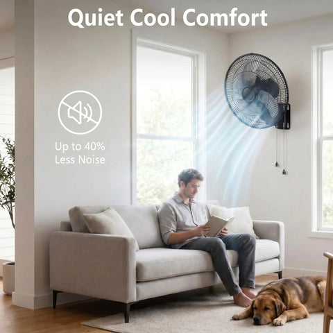 Living room with 18 Inch Oscillating Wall Mount Fan With 3 Speed High Velocity Breeze, Beast Mode Power, 90 Degree Oscillation And 30 Degree Tilt