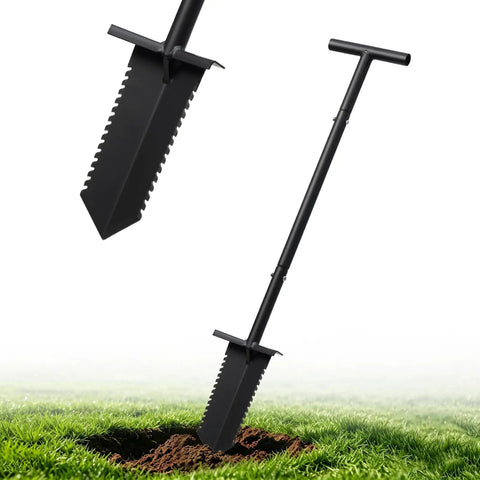 V Shaped Tip Serrated Garden Shovel 39 Inch Root Slayer Spade lightweight tool cutting roots in soil on grass