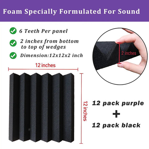 No Nonsense Heavy Duty 2X12 Acoustic Foam Squares And Soundproofing Bricks Killing Echoes Dead Tight Bass Traps For Home Studios Podcast Gear Purple Black Fire Safe Room Taming Panels showing 12x12 inch black foam panels.