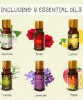 Six essential oils for the 2 In 1 All In One Candle And Soap Making Kit For Beginners, including jasmine, rose, lemon, vanilla, lavender, apple.
