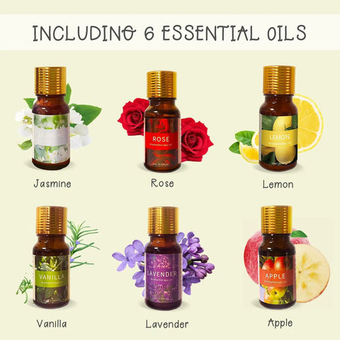 Six essential oils for the 2 In 1 All In One Candle And Soap Making Kit For Beginners, including jasmine, rose, lemon, vanilla, lavender, apple.