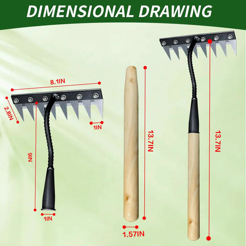 Dimensional drawing of Eight Tine Garden Weed Puller Tool With Wooden Handle, Rustproof Manganese Steel Rake, Spray Coated.