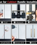 Heavy Duty Aluminum Alloy Cabinet Hardware Jig Kit With Auto Center Punch And Precision Drill Guide For Dead On Drawer Handle Mounting No Sweat Zero Shake Setup installation steps showing measuring, punching, and drilling.