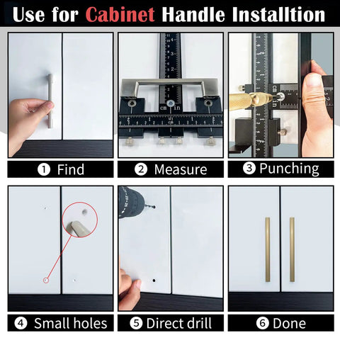 Heavy Duty Aluminum Alloy Cabinet Hardware Jig Kit With Auto Center Punch And Precision Drill Guide For Dead On Drawer Handle Mounting No Sweat Zero Shake Setup installation steps showing measuring, punching, and drilling.