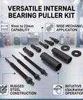 Thinking Process: internal bearing puller extractor kit, 9mm to 23mm, steel parts laid out