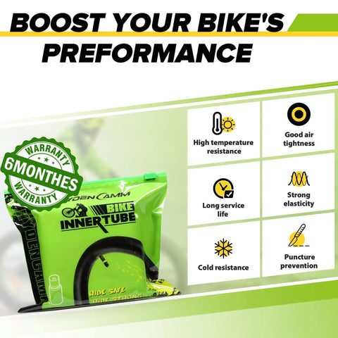 26 Inch Bike Inner Tube 4 Pack Fits 26 x 1.75 2.125 Road And Mountain Bikes Schrader Valve 32mm Includes 2 Tire Levers Anti Aging Durable Tubes For Rough Roads And Trail Rides packaging with performance benefits listed, including high temperature and puncture resistance.
