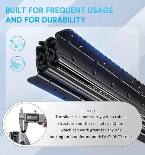 Heavy Duty Undermount Drawer Slides With Full Extension Ball Bearing Runners, close-up of sturdy metal structure for cabinets