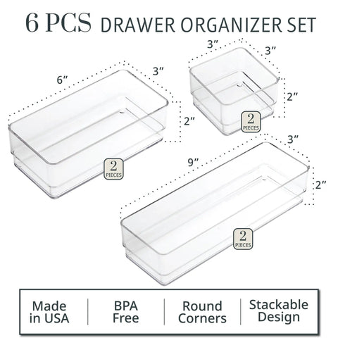 Keep Your Drawers Chill And Clutter Free With This Awesome 6 Piece Clear Drawer Organizer Bins Set Multi Size Nesting Containers For Bathroom Vanity Makeup Or Desk Storage Made In Usa Quality You Can Trust