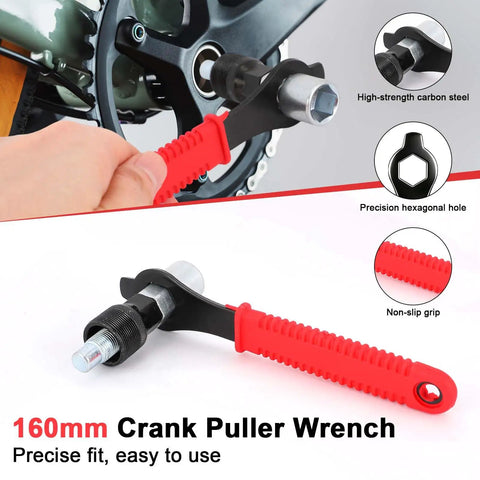 Hand using Must Have Bicycle Crank Puller Tool Kit With Wrench And Top Cap for Easy Bottom Bracket Removal on bike