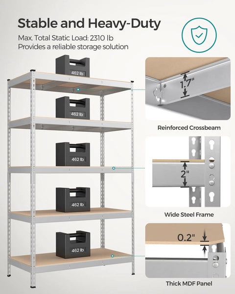 Heavy Duty Five Tier Steel Storage Shelves Packed With Solid Four Hundred Sixty Two Lb Per Shelf Capacity No Sweat Boltless Setup Adjustable Rack For Garage Shed Real Deal Steel Rack Silver Beige Accent