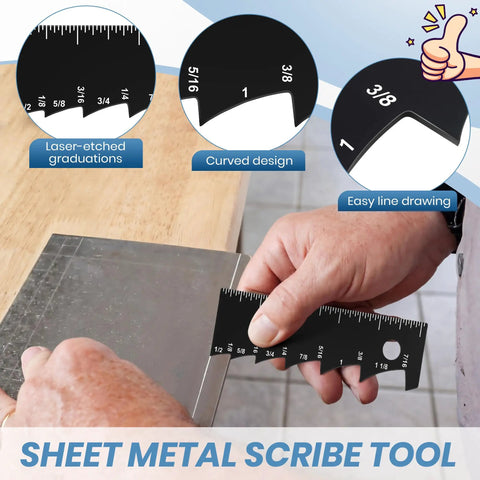 Dead On Sheet Metal Scribe Set Two Pieces Heavy Duty Layout Marking Tool With Adjustable Depth Gauge and crisp laser etched scale on metal.