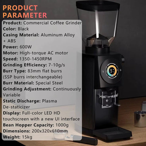 Top Shelf 83 Millimeter Flat Burr Coffee Grinder With High Torque Ac Motor And Lcd Touchscreen For Rapid Commercial Grinding and no nonsense daily operation, black aluminum casing.