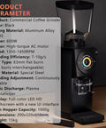 Sleek Electric Espresso Coffee Grinder With 83 Millimeter Flat Burrs And Sharp Color LCD Touchscreen 1000 Gram Bean Capacity view from side with display and bean hopper.