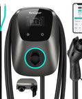 Kickstart Your Electric Ride With This Built Tough 48Amp Level 2 Charger Featuring Wireless App Control ETL Certified 25 Foot Cord and J1772 Adapter, showing charger and app.