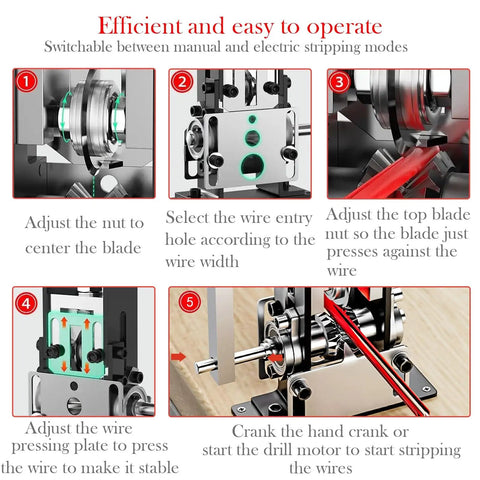 Effortless Manual Wire Stripper For Copper Cables 0.06 To 1 Inch Hand Crank Drill Powered Wire Peeler with adjustable settings.