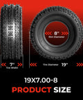 Side and front view of Set Of 2 19x7-8 ATV UTV Tires 4PR Beefed Up All Terrain Tubeless Non Directional Tread, tire size details