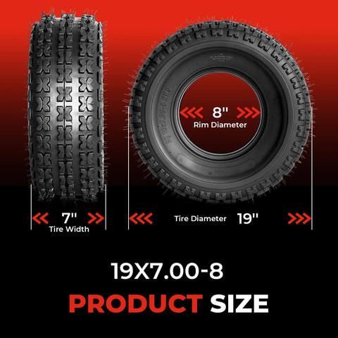 Side and front view of Set Of 2 19x7-8 ATV UTV Tires 4PR Beefed Up All Terrain Tubeless Non Directional Tread, tire size details