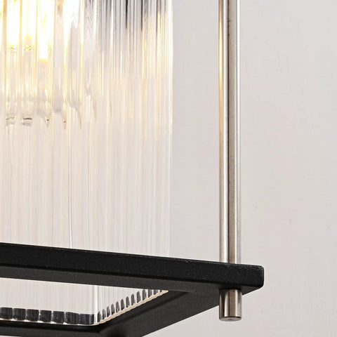Close-up of Dope Weatherproof Outdoor Wall Light With Striped Glass, Black And Nickel Finish, 13 Inch Exterior Fixture corner
