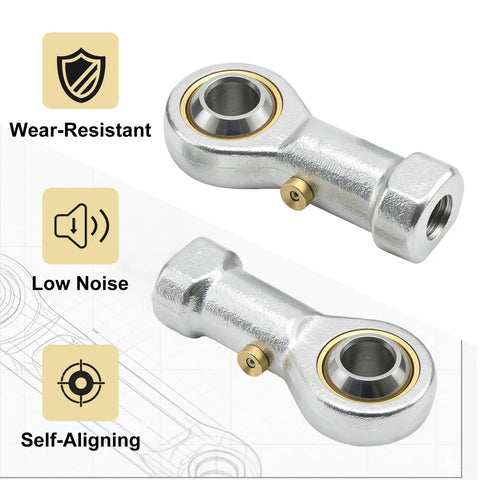 Four Pack PHSB4 Steel Rod End Bearings With 1/4 Inch Bore And 1/4-28 Right Hand Female Thread Pre Lubricated For Hydraulic Cylinders Cnc Machines Runs Sweet As Corn And Crushes Heavy Shop Tasks Like A Champ close-up view of steel rod end bearing showing gold self-aligning feature and wear-resistant design.