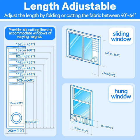 Diagram showing adjustable All In One Window Vent Kit For Portable AC And Dryer With Waterproof Seal for sliding and hung windows.