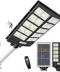 Powerhouse 5000W Solar Street Light With Motion Sensor For Outdoor Use showing LED panel, solar panel, and remote control view