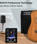 Guitar Looper Pedal with Tuner, amp, guitar, and power outlet, showcasing a performance setup.