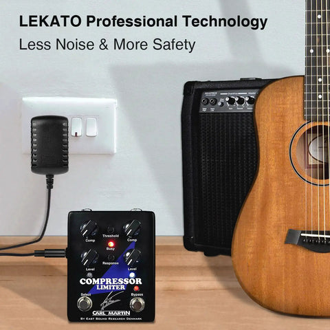 Guitar Looper Pedal with Tuner, amp, guitar, and power outlet, showcasing a performance setup.