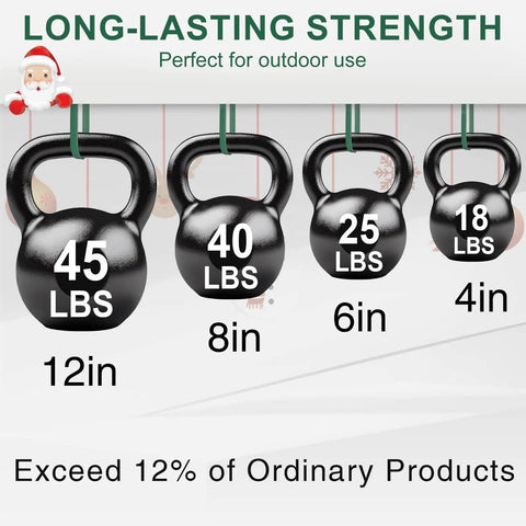Green Zip Ties Assorted Sizes with kettlebell weights of 45 lbs, 40 lbs, 25 lbs, 18 lbs shown exceeding strength and durability