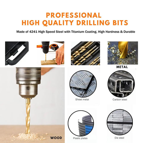 230 Pc Titanium Coated Twist Drill Bit Set HSS 4241 135 Degree Split Point for various materials like wood and metal