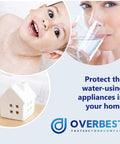 Child bathing, woman drinking water, and house figurine with text 'Protect the water-using appliances in your home'. Overbest logo visible.
