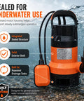 Heavy Duty 0.5HP Submersible Utility Pump With Auto Float Switch handles underwater use in black and orange housing.