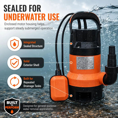 Heavy Duty 0.5HP Submersible Utility Pump With Auto Float Switch handles underwater use in black and orange housing.