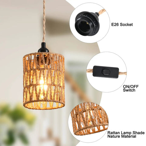 Plug And Play Pendant Light Hand Braided Natural Hemp Rope Hanging Lamp Industrial Farmhouse Style With Toggle Switch For Dining Room Kitchen, featuring an E26 socket and on/off switch.