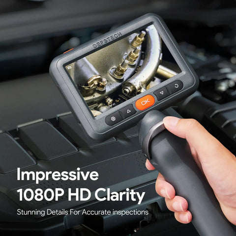 5 Inch IPS Screen Articulating Borescope Endoscope Camera With Light 210 Degree Two Way Articulation For Hard To Reach Corners And Hidden Issues In Engines Pipes And Ducts, showing engine inspection