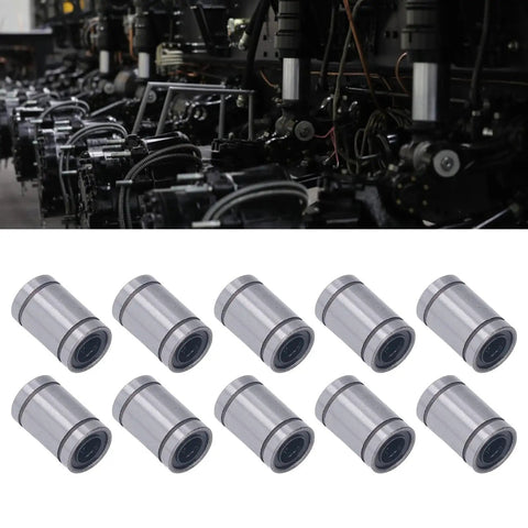 10 Pack Beefy Tank Grade High Tensile Alloy Steel Linear Motion Ball Bearing Set for Solar Power Equipment, Heavy Duty, Corrosion Resistant, Smooth Low Backlash Performance for Solar Trackers, Rails, and Machinery. 10 alloy steel linear bearings shown