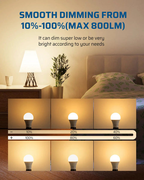 Smooth dimming demo of Four Pack A19 Dimmable LED Light Bulbs, 2700K Warm White, 800 Lumens, 10W, 60W Equivalent, E26 Base