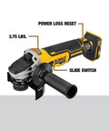 No Sweat Nine Piece Brushless Cordless Power Tool Kit With 20 Volt Batteries Fast Charger shows a DEWALT grinder with safety features highlighted.
