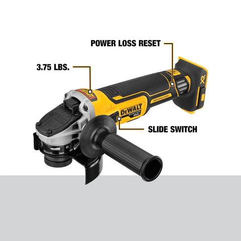 No Sweat Nine Piece Brushless Cordless Power Tool Kit With 20 Volt Batteries Fast Charger shows a DEWALT grinder with safety features highlighted.