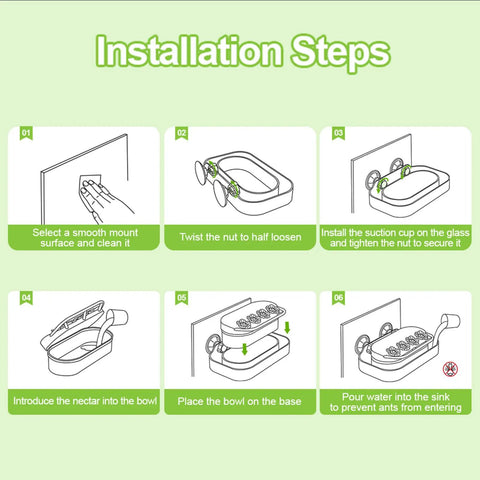 Installation steps for Two Pack Window Hummingbird Feeder With Four Feeding Ports, showing suction cup attachment and nectar setup.
