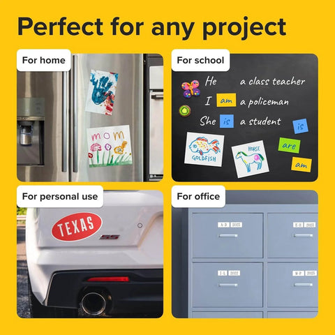 Self-Stick Magnetic Sheets Pack Of 10 With No Mess Adhesive used on fridge, chalkboard, car, and file cabinet, ideal for diverse projects.