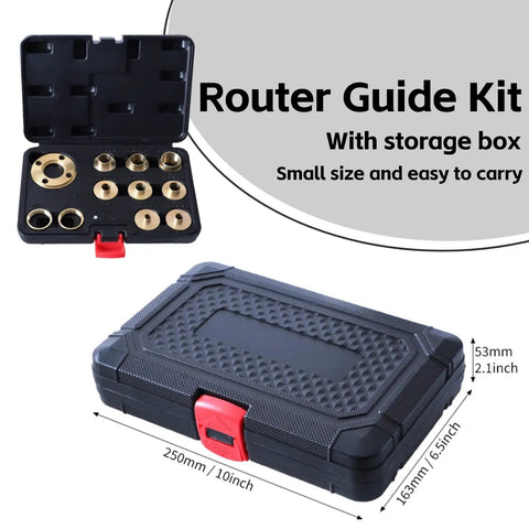 Damn Solid Brass Router Bushing Guide Set With Eight Precision Template Guides Lock Nuts And Compact Case for easy storage.