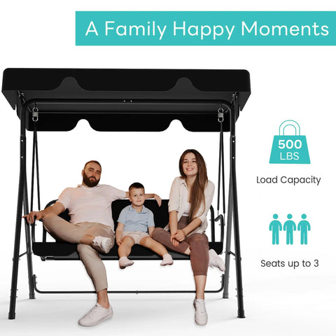 Outdoor Patio Swing Chair With Adjustable Canopy And Heavy Duty Stand For Three Adults shown with family seated